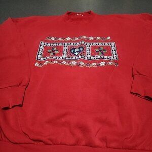 Vintage Red Pullover Sweatshirt With Folk Art-Inspired Graphic & Floral Accents